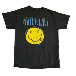 Nirvana T-Shirt Mens Small Smiley Face Logo Black Grunge Rock Band Merch Iconic